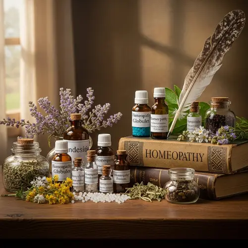 Homeopathy Still Life Art with Healing Herbs and Bottles