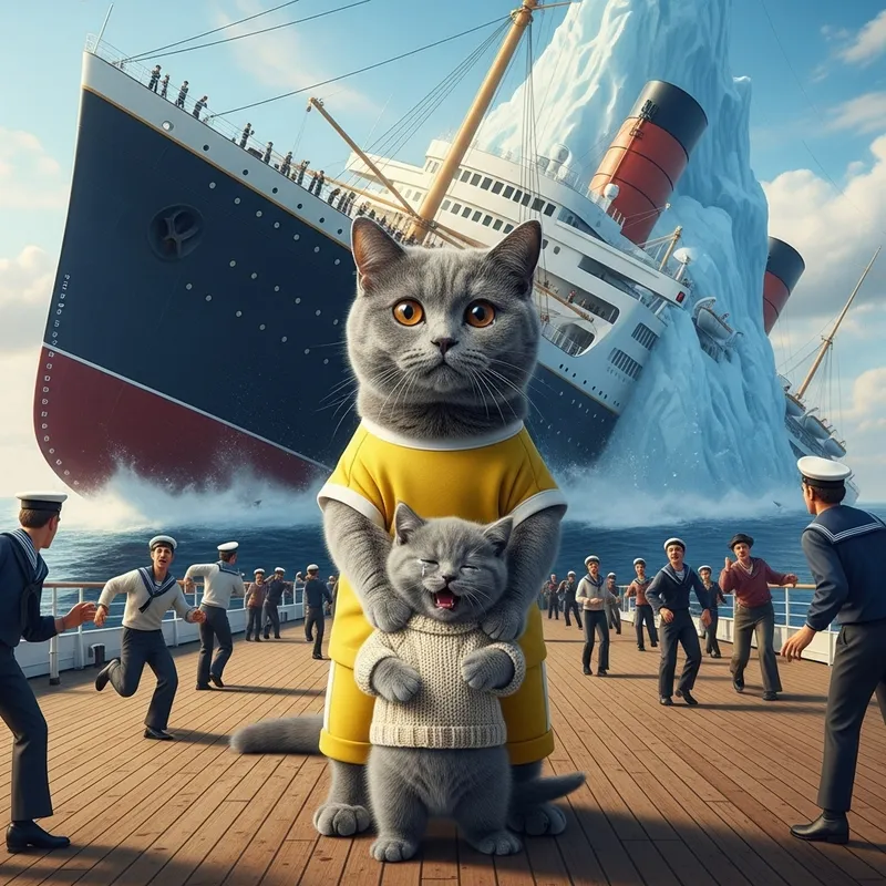 Real Life Grey Cat and Kitten on Sinking Ship in Shock