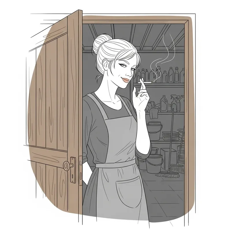 Fine Line Sketch of European Cleaning Lady in Warehouse