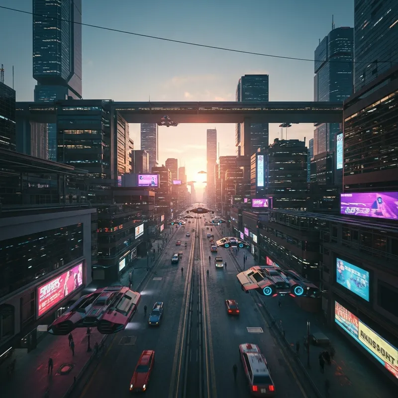 Neon Cyberpunk Cityscape: Sunset Futurism with Flying Cars