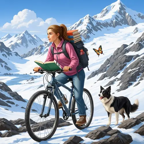 Female Student Cycling on Snow Mountain with Butterfly and Dog