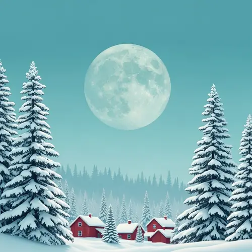 Tranquil Winter Scene with Moon and Snow-Capped Pine Trees