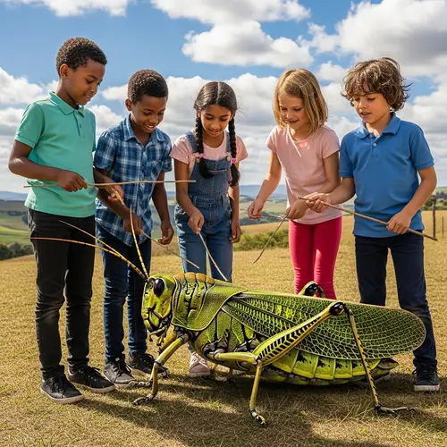 Diverse Children Play with Giant Grasshopper in Sunlit Field