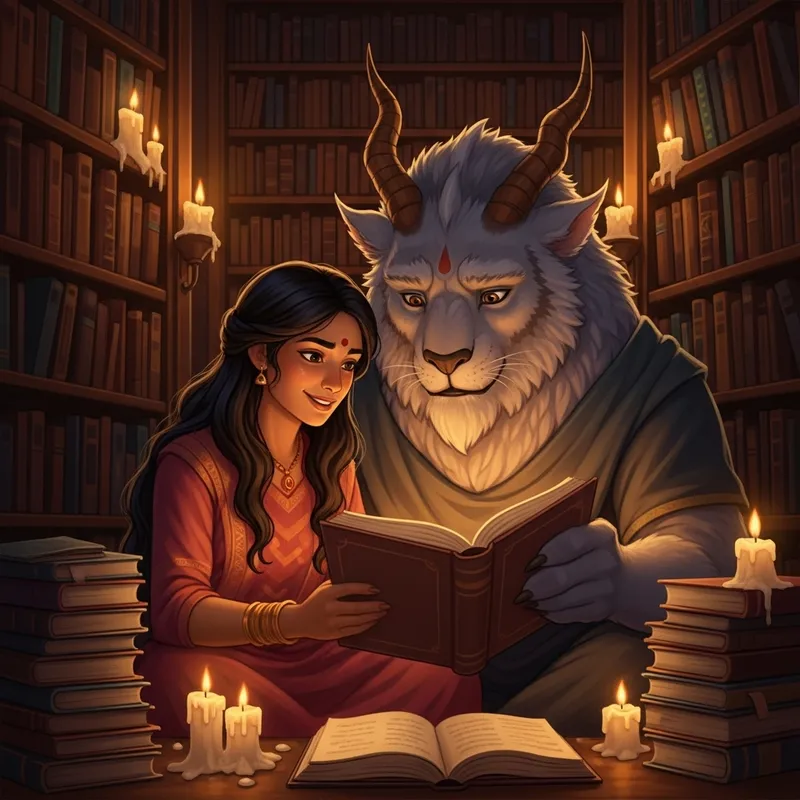 Tranquil Library Scene with South Asian Woman and Mythological Beast