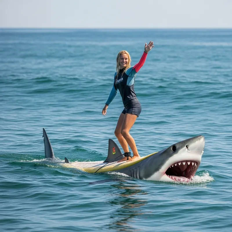 Blonde Female Surfing on Giant Shark - Unusual Ocean Surfing Scene Blonde Female Surfing on Giant Shark - Unusual Ocean Surfing Scene