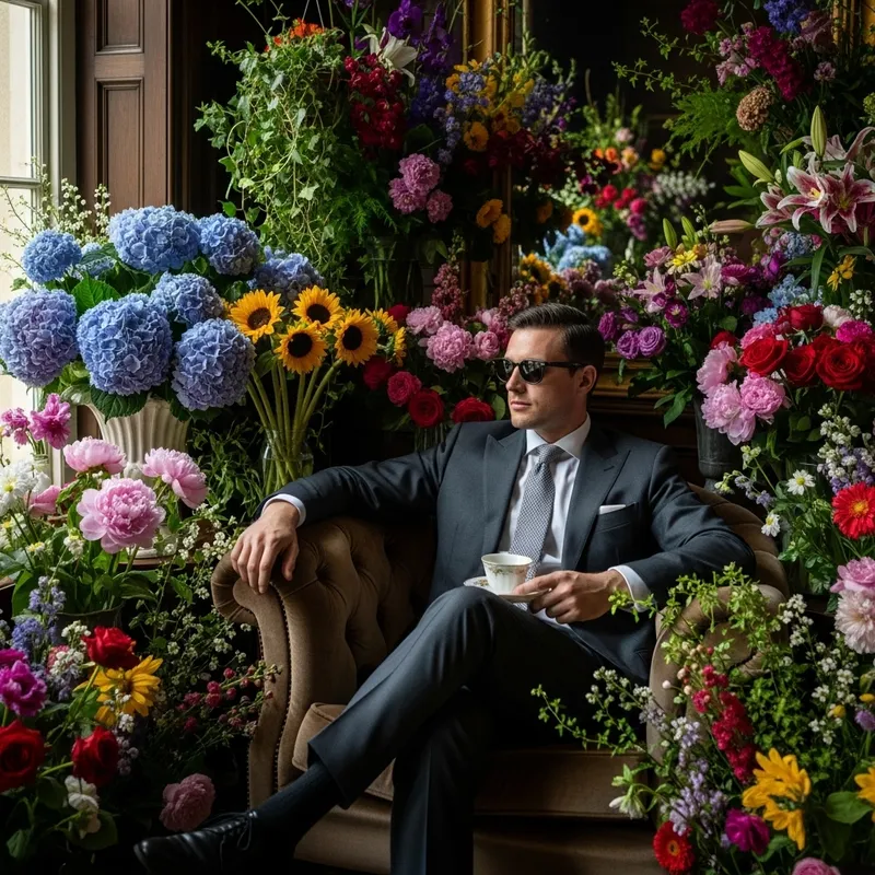 Stylish Man in Armchair, Wearing Jacket and Sunglasses, Among Flowers Stylish Man in Armchair, Wearing Jacket and Sunglasses, Among Flowers