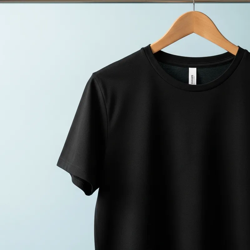 Minimalistic Black Tee on Wooden Hanger | Soft Blue Background