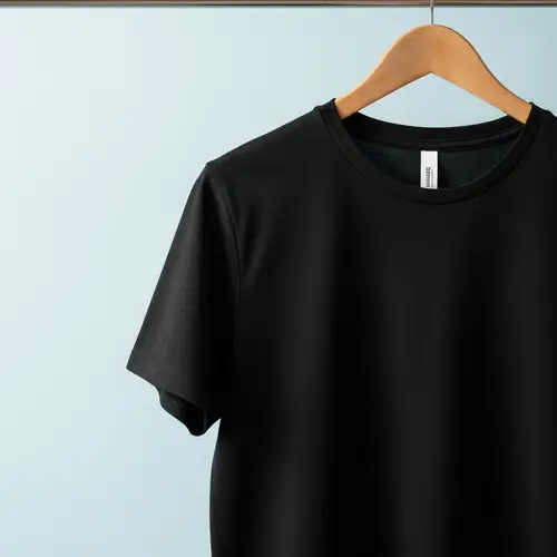 Minimalist Black T-Shirt on Wooden Hanger | High-Resolution Product Photo