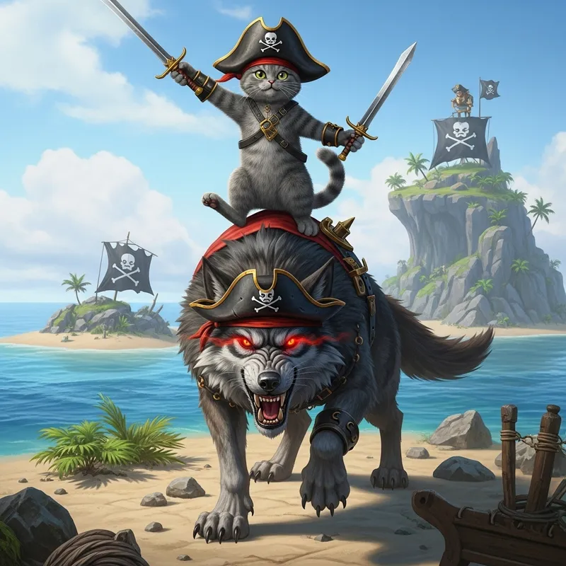 Intense Cat vs. Wolf Pirate Duel | Hyperrealism Art Intense Cat vs. Wolf Pirate Duel | Hyperrealism Art