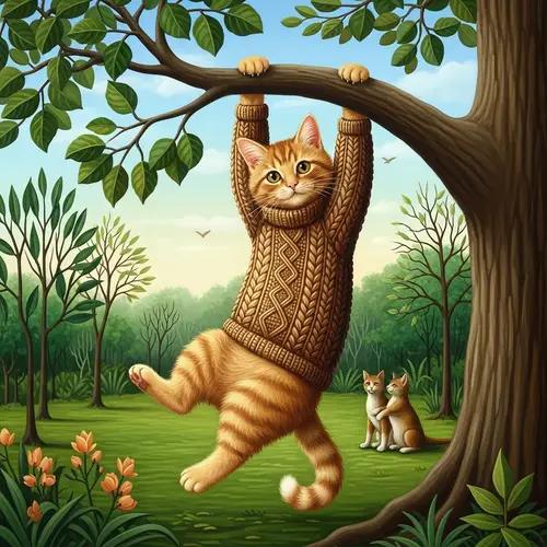 Whimsical Art of Ginger Cat in Cable-Knit Sweater Hanging from Tree Branch