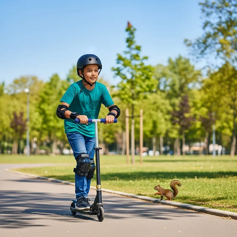 Hispanic Boy on Scooter in Urban Park