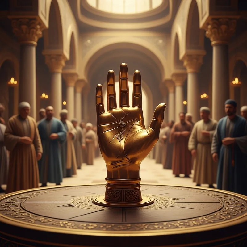 Golden Hand on Ancient Table - Surreal Scene