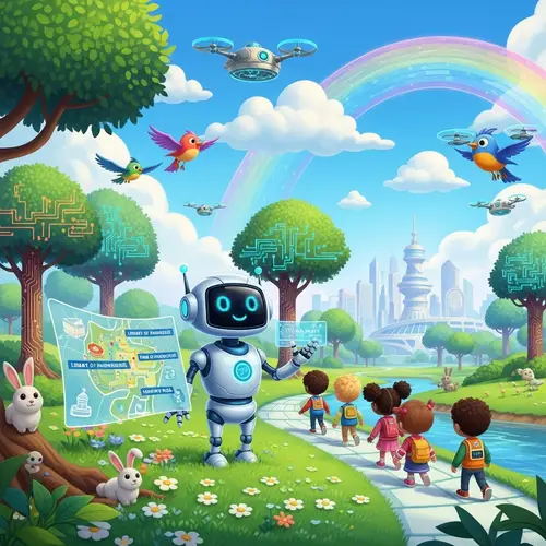 Colorful Cartoon Landscape with Nature and Futuristic Innovation