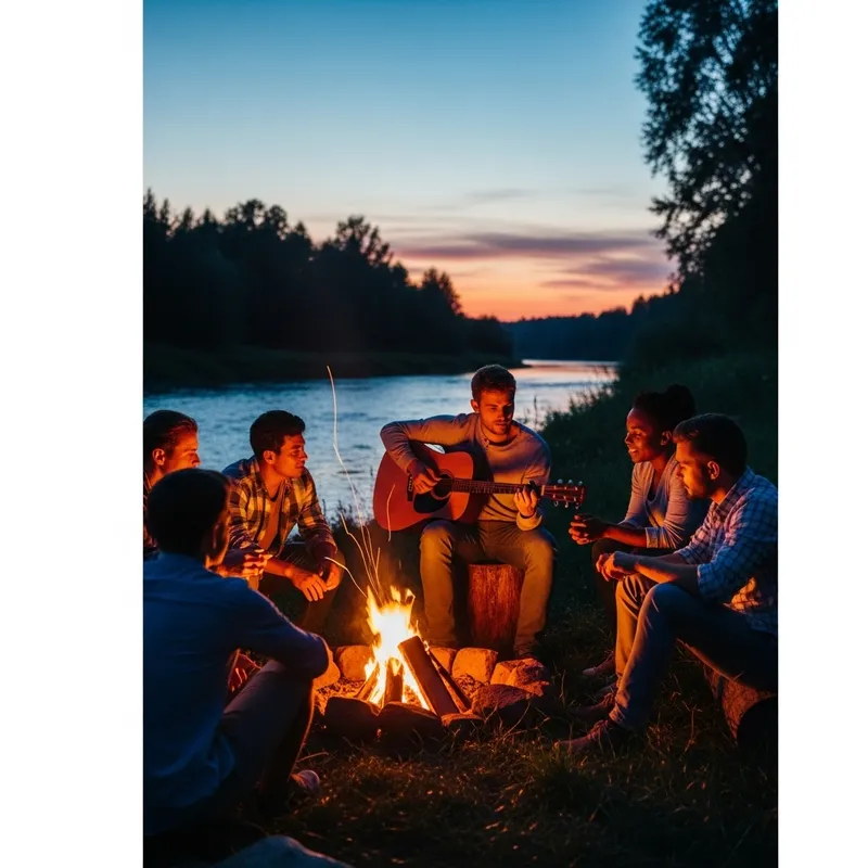 Summer Twilight Serenity: Campfire, Guitar, Friends by River