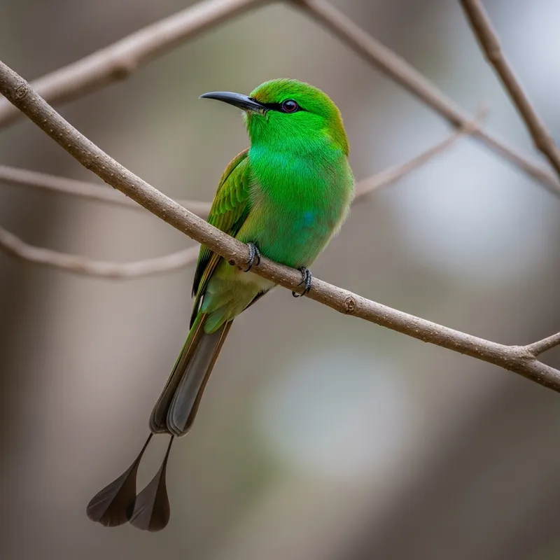 Vivid Green Bird Perched Serenely on Tree Branch