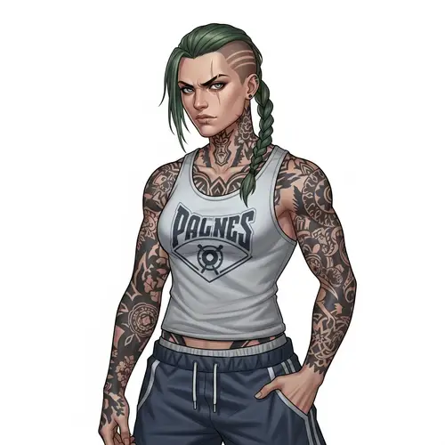 Muscular Woman in Men's Tank Top with Green Hair and Tattoos