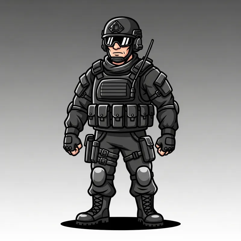 Black Gear Cartoon Soldier: Strong & Focused
