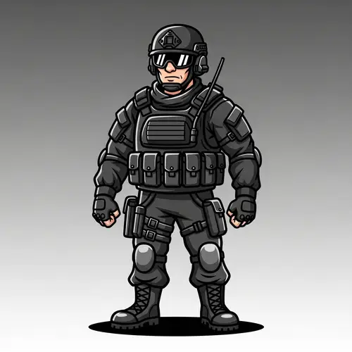 Black Gear Cartoon Soldier: Strong & Focused