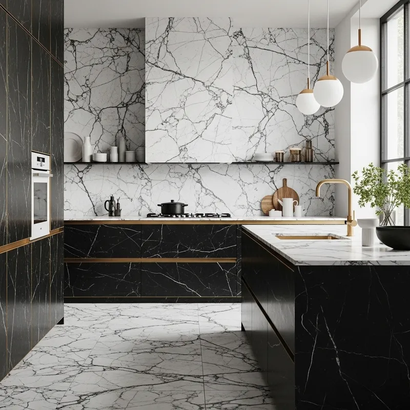 Bauhaus Style Kitchen: Black and White Marble Design