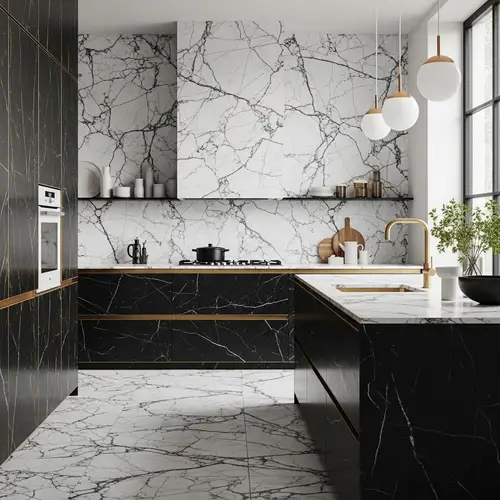 Bauhaus Style Kitchen: Black and White Marble Design