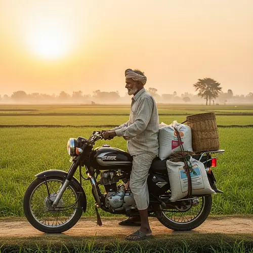 Elderly South Asian Man Riding Motorcycle to Farm Fields