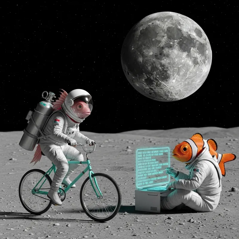 Fish Astronauts Riding Bikes on Moon with Code-Writing Fish