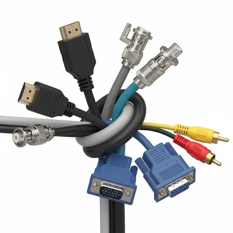 High-Definition HDMI, BNC, Coaxial, VGA, and RCA Cables Twisted Together