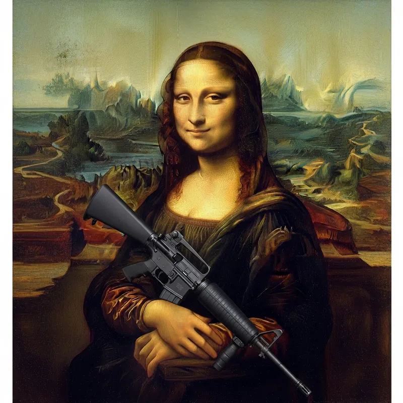 Mona Lisa with M-16 Gun: Modern Twist on Da Vinci's Art Mona Lisa with M-16 Gun: Modern Twist on Da Vinci's Art