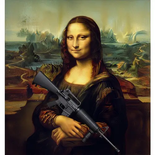 Mona Lisa with M-16 Gun: Modern Twist on Da Vinci's Masterpiece