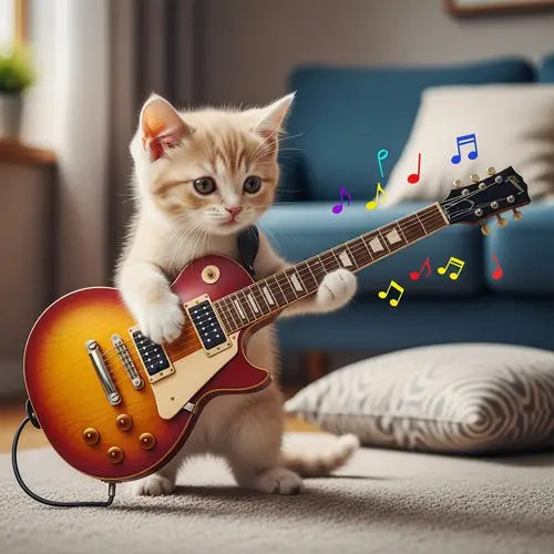 Tiny Cat Playing Electric Guitar - Whimsical Musical Scene