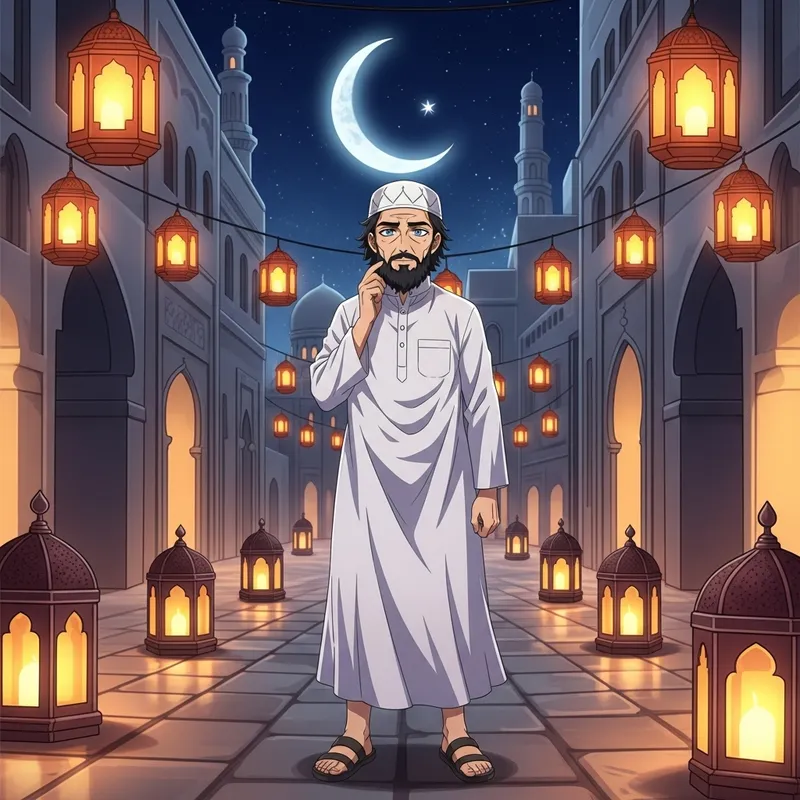 Middle-aged Anime Character in Islamic Attire for Ramadan Middle-aged Anime Character in Islamic Attire for Ramadan