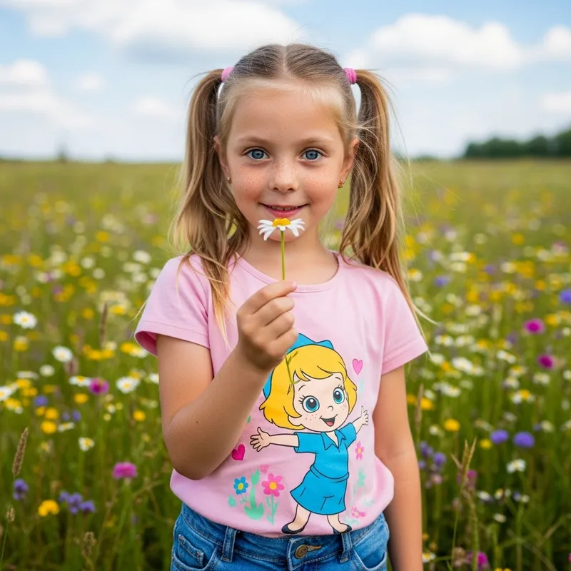 Innocent 10-Year-Old Girl with Blue Eyes in Wildflower Field