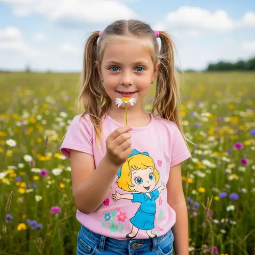Adorable 10-Year-Old Girl with Blue Eyes in Wildflower Field