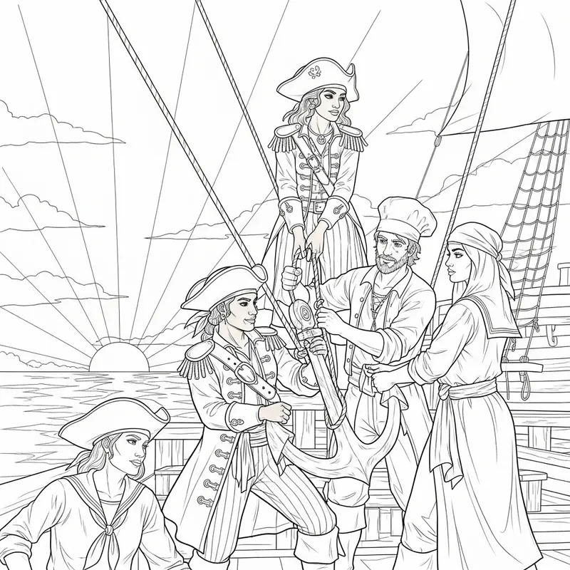 Multi-Cultural Pirate Crew Coloring Scene