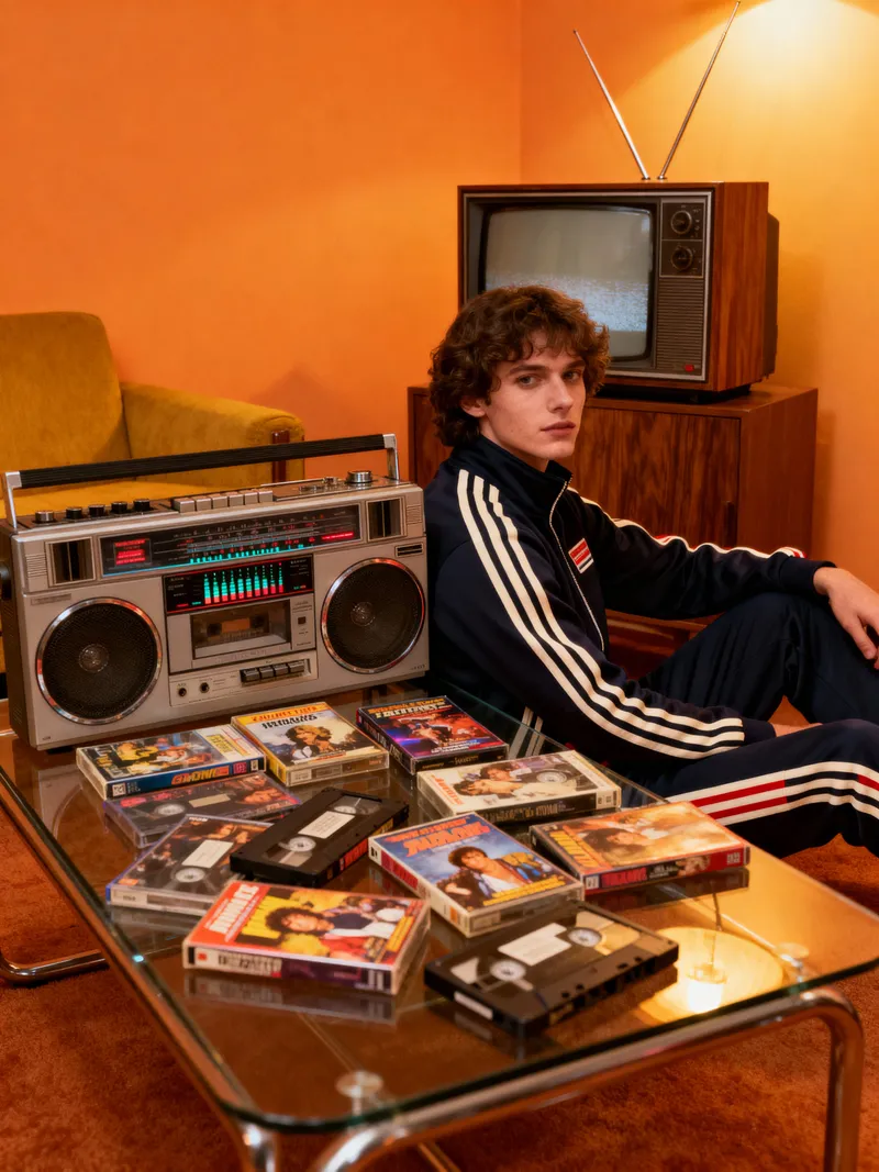 Retro 80s Living Room Vibes: Boombox & Tracksuit Retro 80s Living Room Vibes: Boombox & Tracksuit