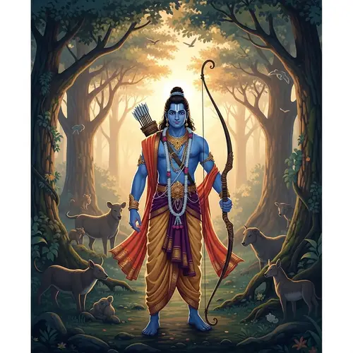Ancient Indian Epic Ramayana Scene: Tranquil Rama in Mystical Forest