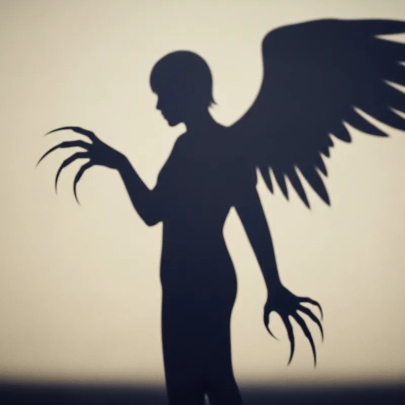 Mysterious Shadow Human Silhouette with Long Sharp Fingers and Wings