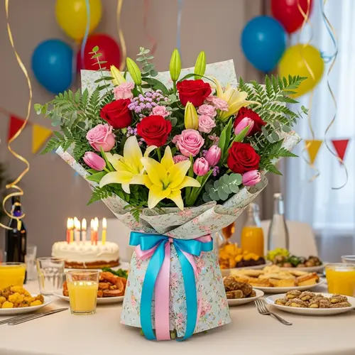 Colorful Birthday Flower Bouquet: Roses, Lilies, Tulips