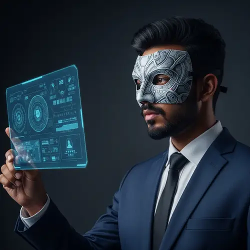 Sophisticated South Asian Man in Futuristic Setting | Intriguing Mask