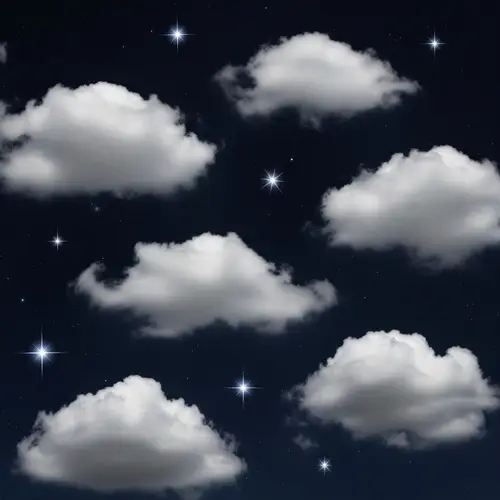 Serene Night Sky with 5 Stars and Fluffy Clouds