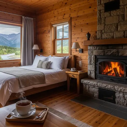 Cozy Bedroom with Bed, Cup of Tea, and Bonfire | Majestic View