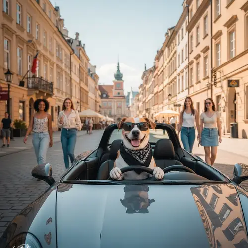 Adventurous Canine in Porsche Explores Historic Streets of Warsaw
