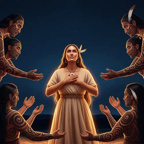 Radiant Maori Woman in Beige Gown Under Starry Sky