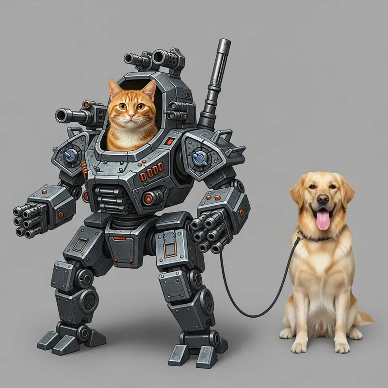Cat in Mechanized Combat Robot Leads Dog: Control and Joy