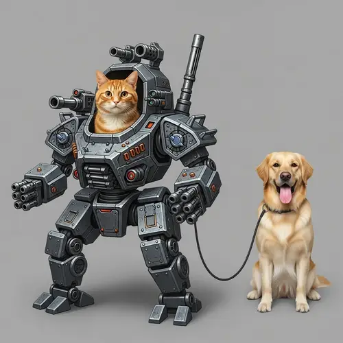 Cat in Combat Robot Leads Dog: Playful Command