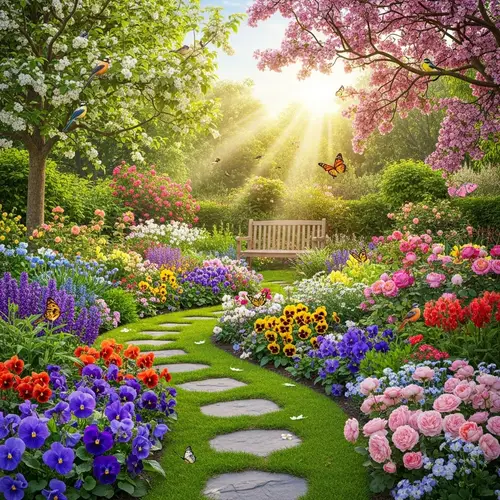 Enchanting Spring Garden with Vibrant Flowers and Butterflies