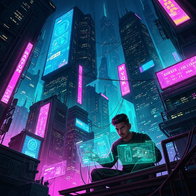 Cyberpunk Cityscape: Hacker in Neon-lit Futuristic World