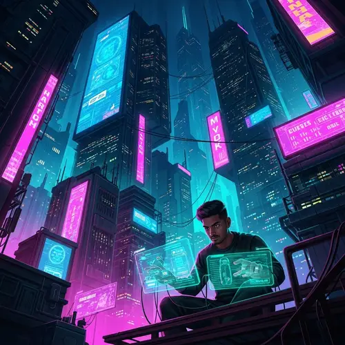 Futuristic Cyberpunk Cityscape with South Asian Male Hacker