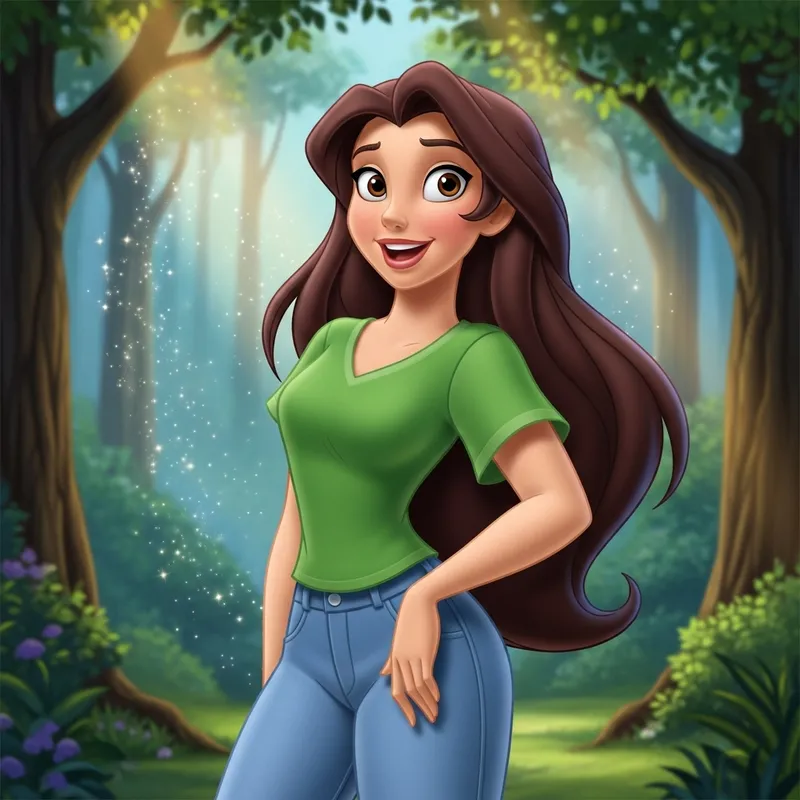 Disney-Style Woman in Green T-Shirt, Jeans, Smiling