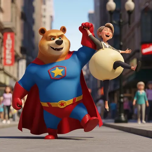 Superhero Care Bear Scene: Joyful Woman Held in Balloon Diaper